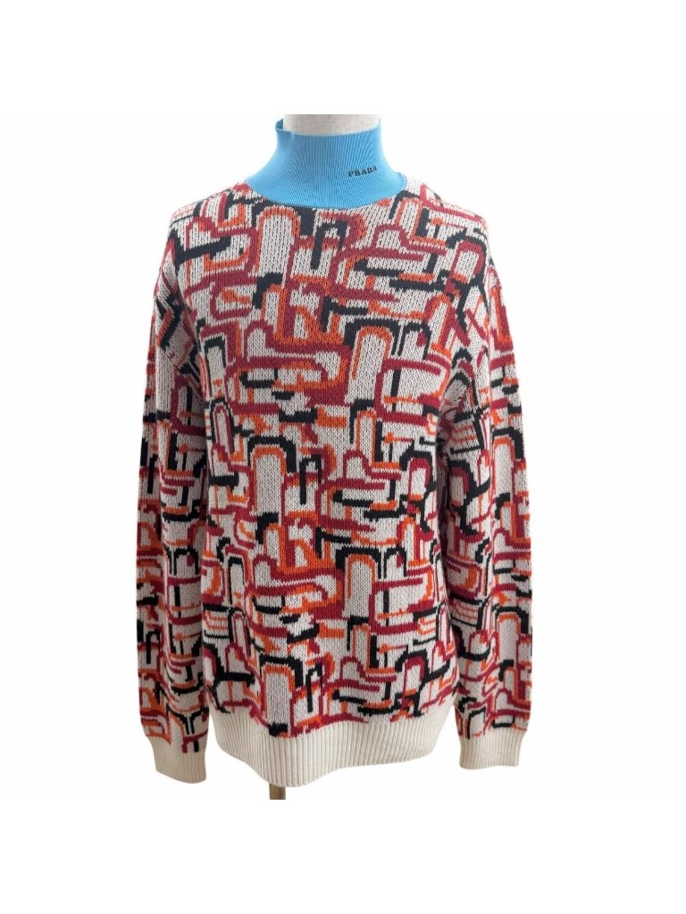 Prada Virgin Wool Cashmere Turtleneck All Over Pattern Sweater Red 52